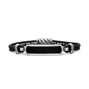 David Yurman Sterling Silver .925 Onyx Stone Bar Station Leather Bracelet L $595